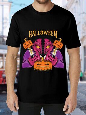 Halloween Demon Pumpkin Graphic Tee - Black